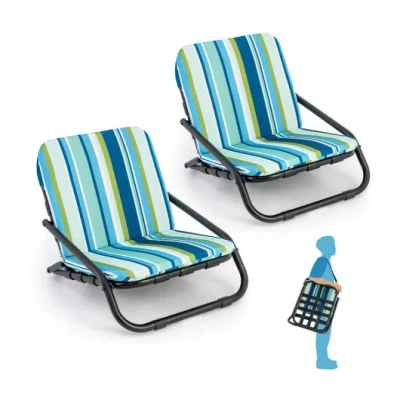 Costway 2 Pack Low Folding Beach Chairs For Adults With Cushion-blue