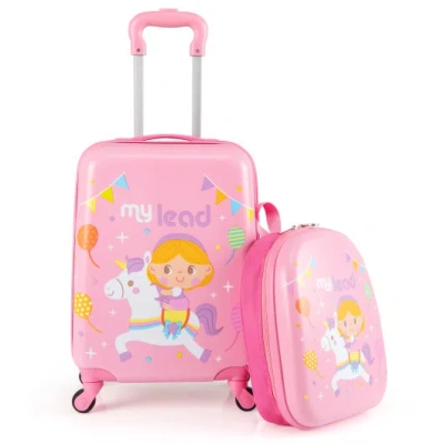 Costway 2 Pcs Kid Luggage Set With Spinner Wheels For Children Boys Girls-pink In Animal Print