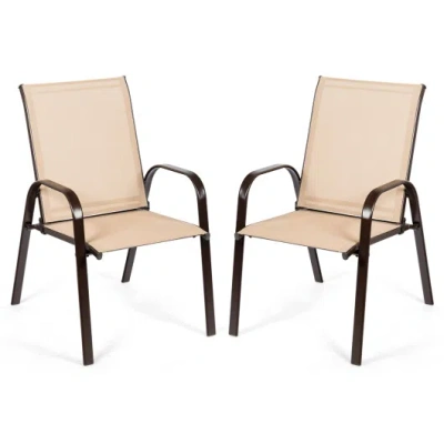Costway 2 Pcs Patio Chairs Outdoor Dining Chair With Armrest-beige In Brown