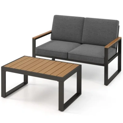 Costway 2 Piece Patio Aluminum Furniture Set With Wood-plastic Armrests And Tabletop-gray In Black