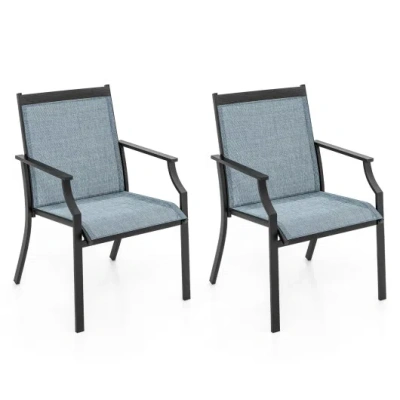 Costway 2 Piece Patio Dining Chairs Large Outdoor Chairs With Breathable Seat And Metal Frame-blue In Black