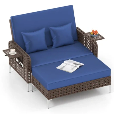 Costway 2 Piece Patio Rattan Daybed Wicker Loveseat And Ottoman With Adjustable Backrest-navy In Blue