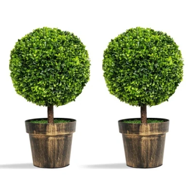 Costway 2 Pieces 24 Inch Artificial Boxwood Topiary Ball Tree For House And Office In Green