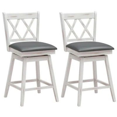Costway 2 Pieces 24 Inch Swivel Counter Height Barstool Set With Rubber Wood Legs-white In Gray