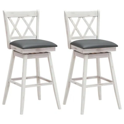 Costway 2 Pieces 29 Inches Swivel Counter Height Barstool Set With Rubber Wood Legs-white In Gray