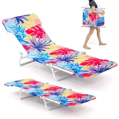 Costway 2 Pieces 5-position Lay Flat Beach Recliner With Carry Strap And Metal Frame-pink In Blue