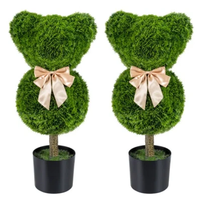Costway 2 Pieces Bear Topiary Trees With Pots Sun-resistant Bear-shaped Boxwood Faux Plants In Green