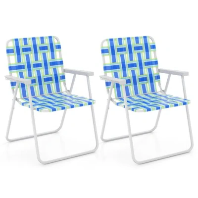 Costway 2 Pieces Folding Beach Chair Camping Lawn Webbing Chair-blue