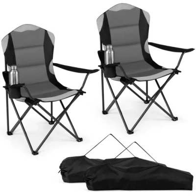 Costway 2 Pieces Folding Camping Chairs For Adults With Cup Holders-black In Gray
