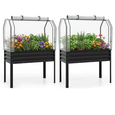 Costway 2 Pieces Galvanized Raised Garden Bed With Legs And Greenhouse Cover For Vegetable Flower-black In Multi