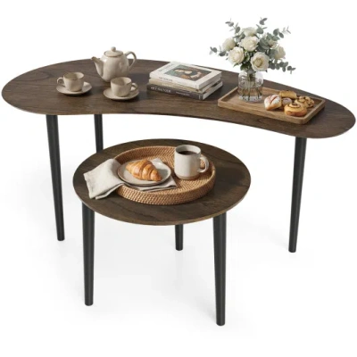 Costway 2 Pieces Mid Century Nesting Tables With Rubber Wood Legs-walnut In Multi