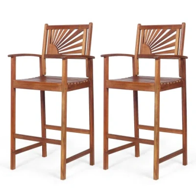 Costway 2 Pieces Outdoor Acacia Wood Bar Chairs With Sunflower Backrest And Armrests In Brown
