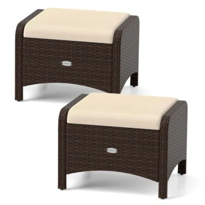 Costway 2 Pieces Outdoor Patio Pe Wicker Ottomans With Removable Cushions-beige In Brown