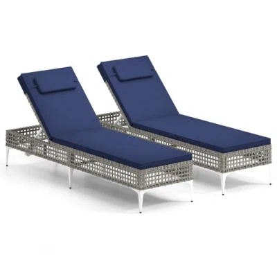 Costway 2 Pieces Patio Chaise Lounge Chair With 6-level Adjustable Backrest And Headrest For Poolside-navy In Blue