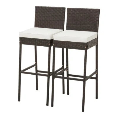 Costway 2 Pieces Patio Cushioned Wicker Barstools With Cozy Footrest-set Of 2 In Brown