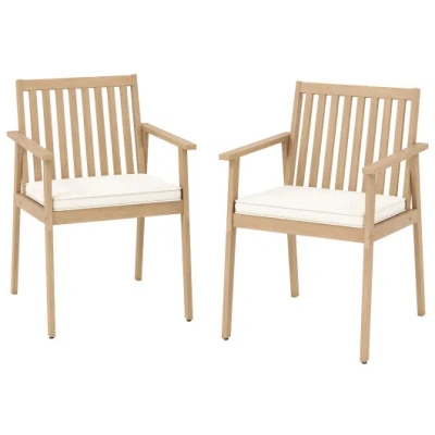 Costway 2 Pieces Patio Dining Chairs Outdoor Acacia Wood Chairs With Removable Padded Cushion-oak In Neutral