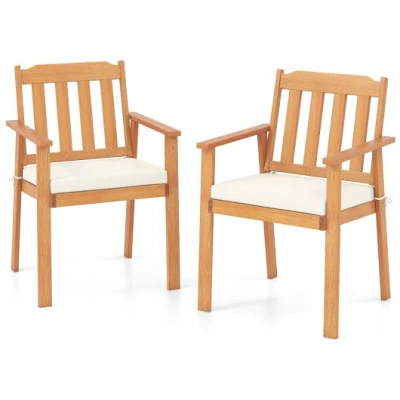 Costway 2 Pieces Patio Dining Chairs Outdoor Acacia Wood Chairs-white In Brown
