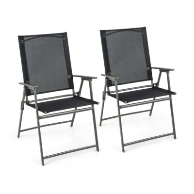 Costway 2 Pieces Patio Folding Chairs With Armrests For Deck Garden Yard-black & Gray