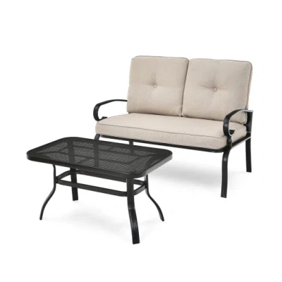 Costway 2 Pieces Patio Loveseat Bench Table Furniture Set With Cushioned Chair-beige In Multi