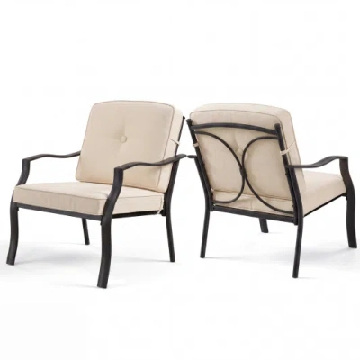 Costway 2 Pieces Patio Metal Chairs With Seat And Back Cushions For Yard-beige In Black
