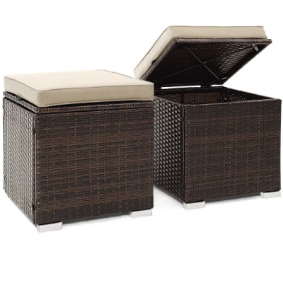 Costway 2 Pieces Patio Ottoman With Removable Cushions-brown In Black