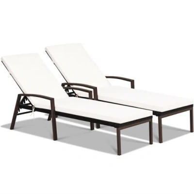 Costway 2 Pieces Patio Rattan Adjustable Back Lounge Chair With Armrest And Removable Cushions-white In Black