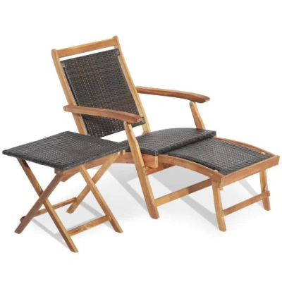Costway 2 Pieces Patio Rattan Folding Lounge Chair With Acacia Wood Table In Brown