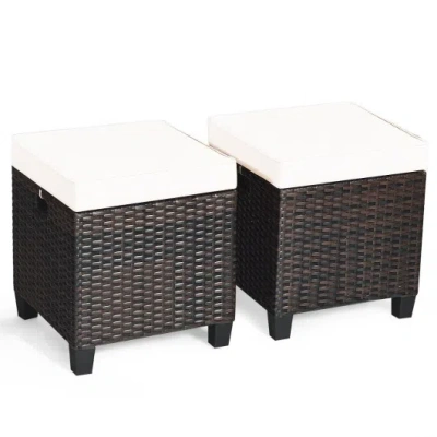 Costway 2 Pieces Patio Rattan Ottoman Set With Removable Cushions-white