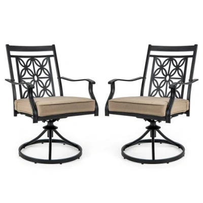 Costway 2 Pieces Patio Swivel Chairs With Blossom Pattern Backrest And Cushions-black In Brown