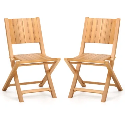 Costway 2 Pieces Teak Wood Outdoor Dining Chairs With Slatted Seat In Brown
