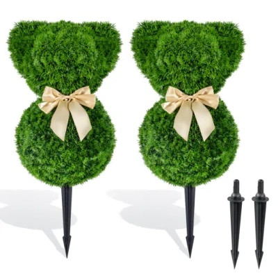 Costway 2 Pieces Teddy Bear Topiary Trees Sun-resistant Faux Boxwood Plants With Bowknot In Green