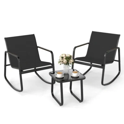 Costway 2 Rocking Bistro Chairs And Glass-top Table For Porch Yard Balcony-black