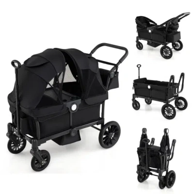 Costway 2 Seater Push Pull Collapsible Kids Wagon Stroller With Adjustable Handlebars-black