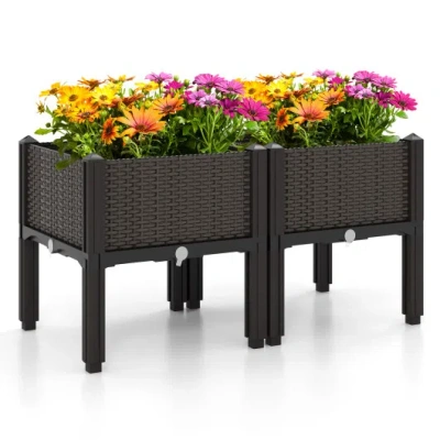 Costway 2 Set Elevated Plastic Raised Garden Bed Planter Kit For Flower Vegetable Grow-brown In Black