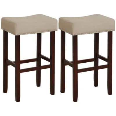 Costway 2 Set Of 29 Inch Height Upholstered Bar Stool With Solid Rubber Wood Legs And Footrest-beige In Multi