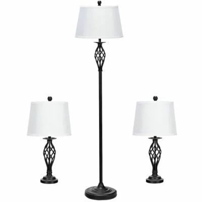 Costway 2 Table Lamps 1 Floor Lamp Set With Fabric Shades In Multi