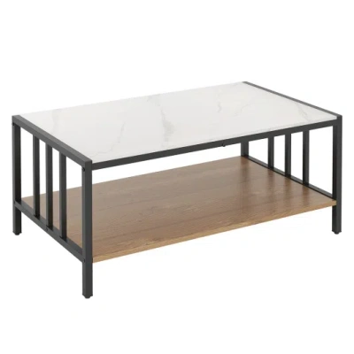 Costway 2 Tier Coffee Table With Sintered Stone Tabletop-white In Brown