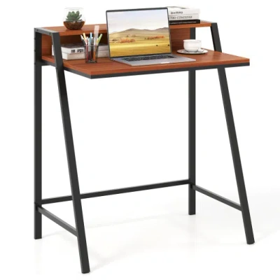 Costway 2 Tier Computer Desk Pc Laptop Table Study Writing Home Office Workstation New-walnut In Black