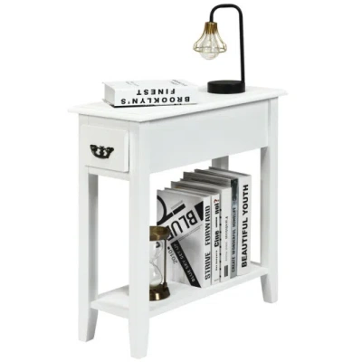 Costway 2 Tier End Bedside Sofa Side Table Narrow Nightstand-white In Gray