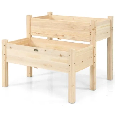 Costway 2 Tier Wooden Elevated Planter Box With Legs And Drain Holes For Balcony And Yard In Pink