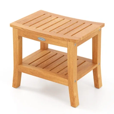 Costway 20 Inches Non-slip Shower Bench With Storage Shelf And Curved Top In Multi