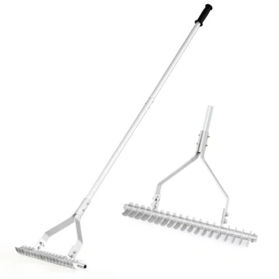 Costway 20 Inches Wide Aluminum Lawn Loosening Soil Rake With Long Handle And 19 Curved Tines In White