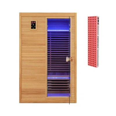Costway 2024 New 2 People Far Infrared Wooden Sauna Room With Free Red Light Therapy For Home In Brown