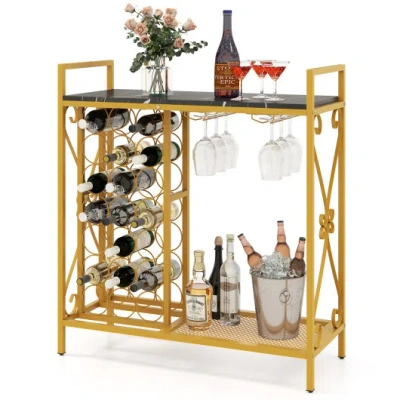 Costway 21 Bottle Wine Rack Freestanding Floor Wine Bottle Organizer With Glass Holder-golden