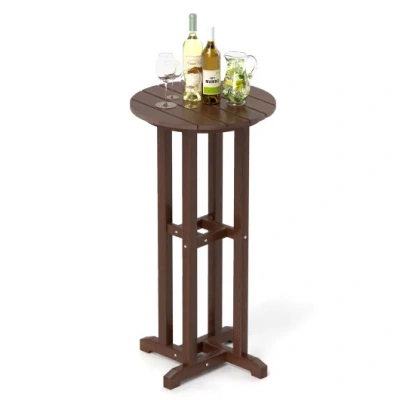 Costway 21.5 Inch Round Bar Table Patio Hdpe Bar Height Dining Table With Slatted Tabletop-brown