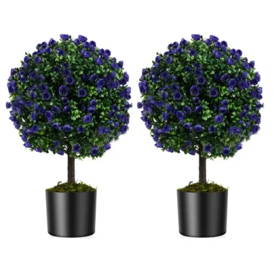 Costway 22 Inch Set Of 2 Artificial Purple Rose Topiary Ball Trees With Cement-filled Pot-purple In Multi