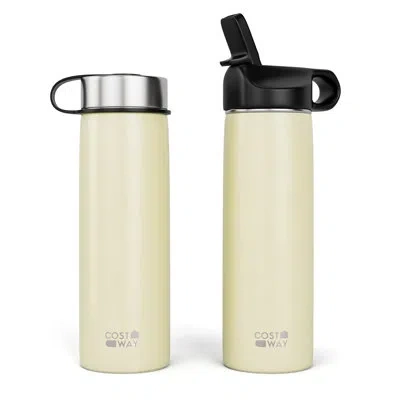 Costway 22 Oz. Double Wall Stainless Steel Water Bottle With Straw In Beige