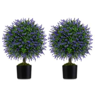 Costway 23 Inch Set Of 2 Artificial Lavender Topiary Ball Trees With Cement-filled Pot-purple In Green