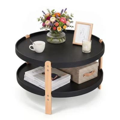 Costway 23.5" 2-tier Round Coffee Table With Solid Wood Legs And Open Storage Shelf-black