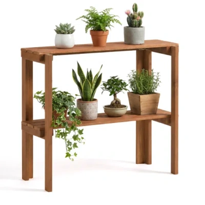 Costway 2/3-tier Folding Wooden Storage Shelves For Entryway And Garden-2-tier In Brown